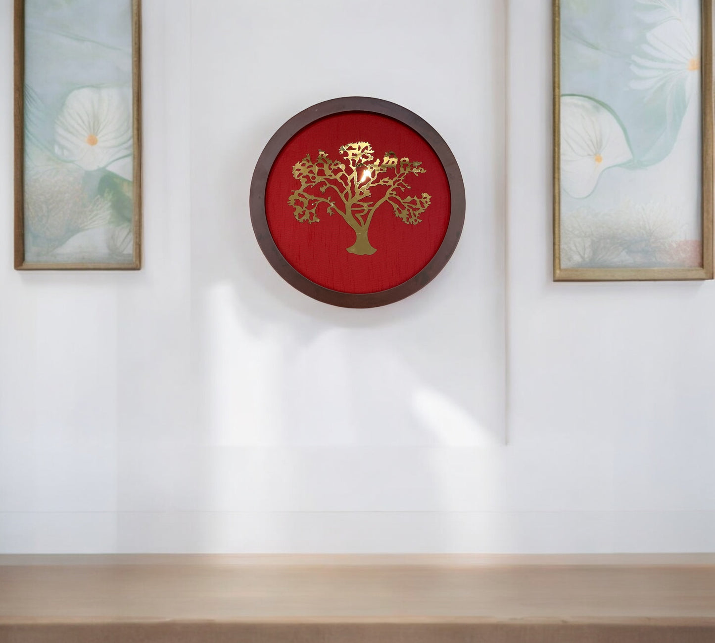 Wishfulfillng Kalpavriksha Tree Metal with Wine Red Silk Background Within a Circular Frame