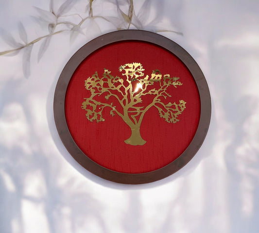 Wishfulfillng Kalpavriksha Tree Metal with Wine Red Silk Background Within a Circular Frame