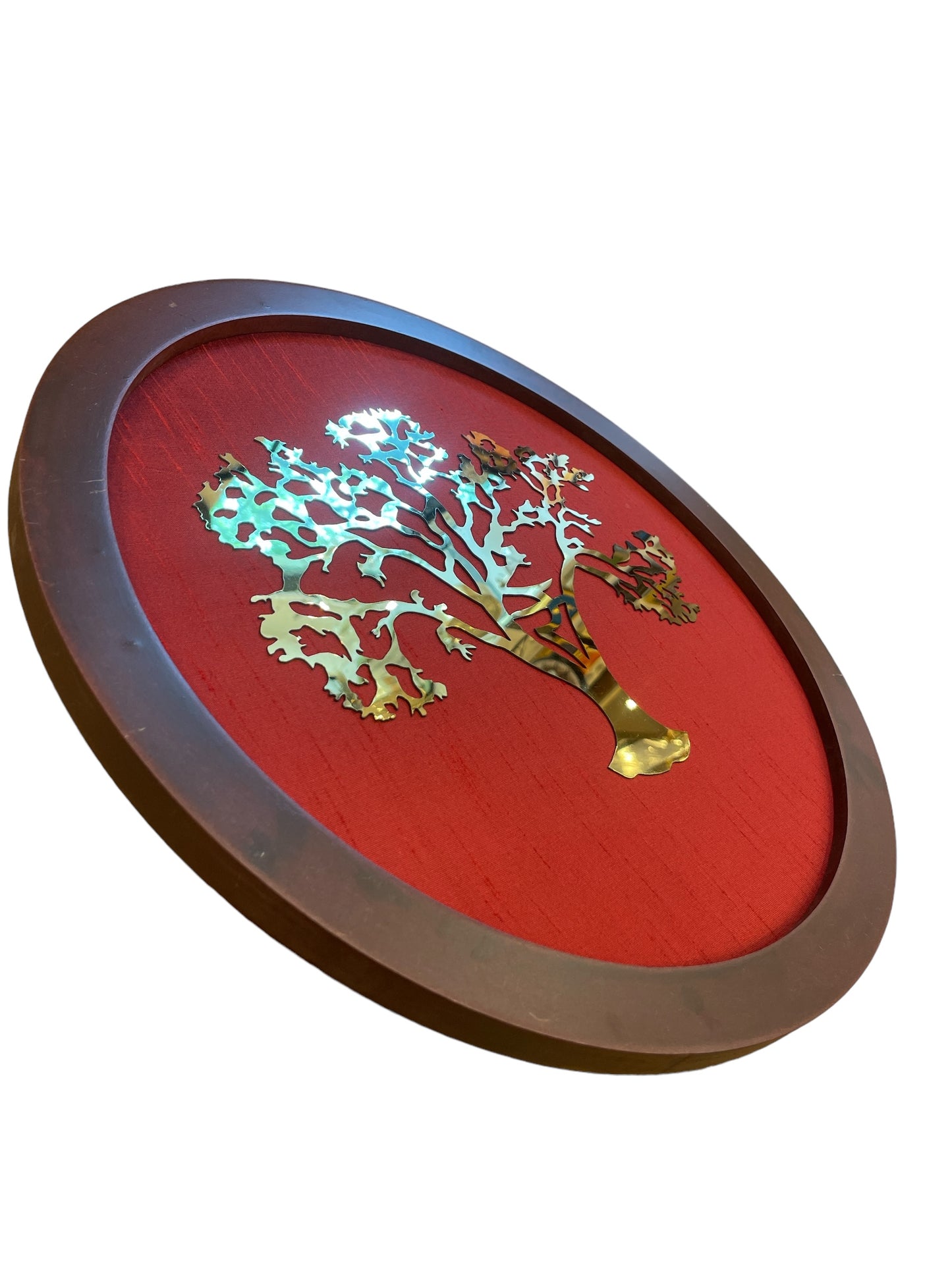 Wishfulfillng Kalpavriksha Tree Metal with Wine Red Silk Background Within a Circular Frame