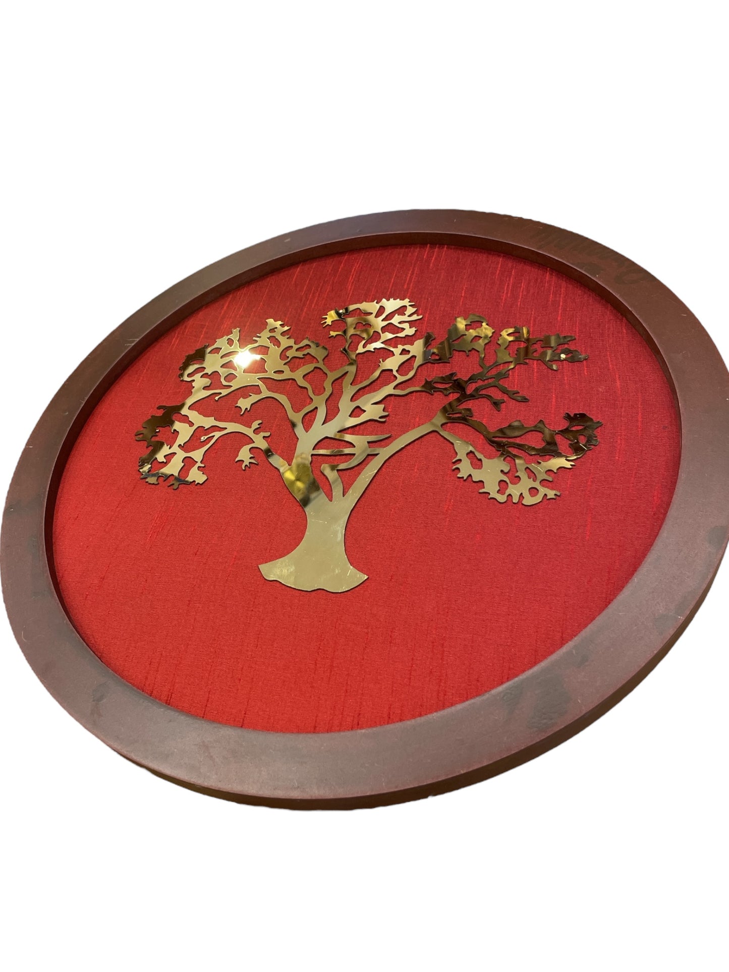 Wishfulfillng Kalpavriksha Tree Metal with Wine Red Silk Background Within a Circular Frame