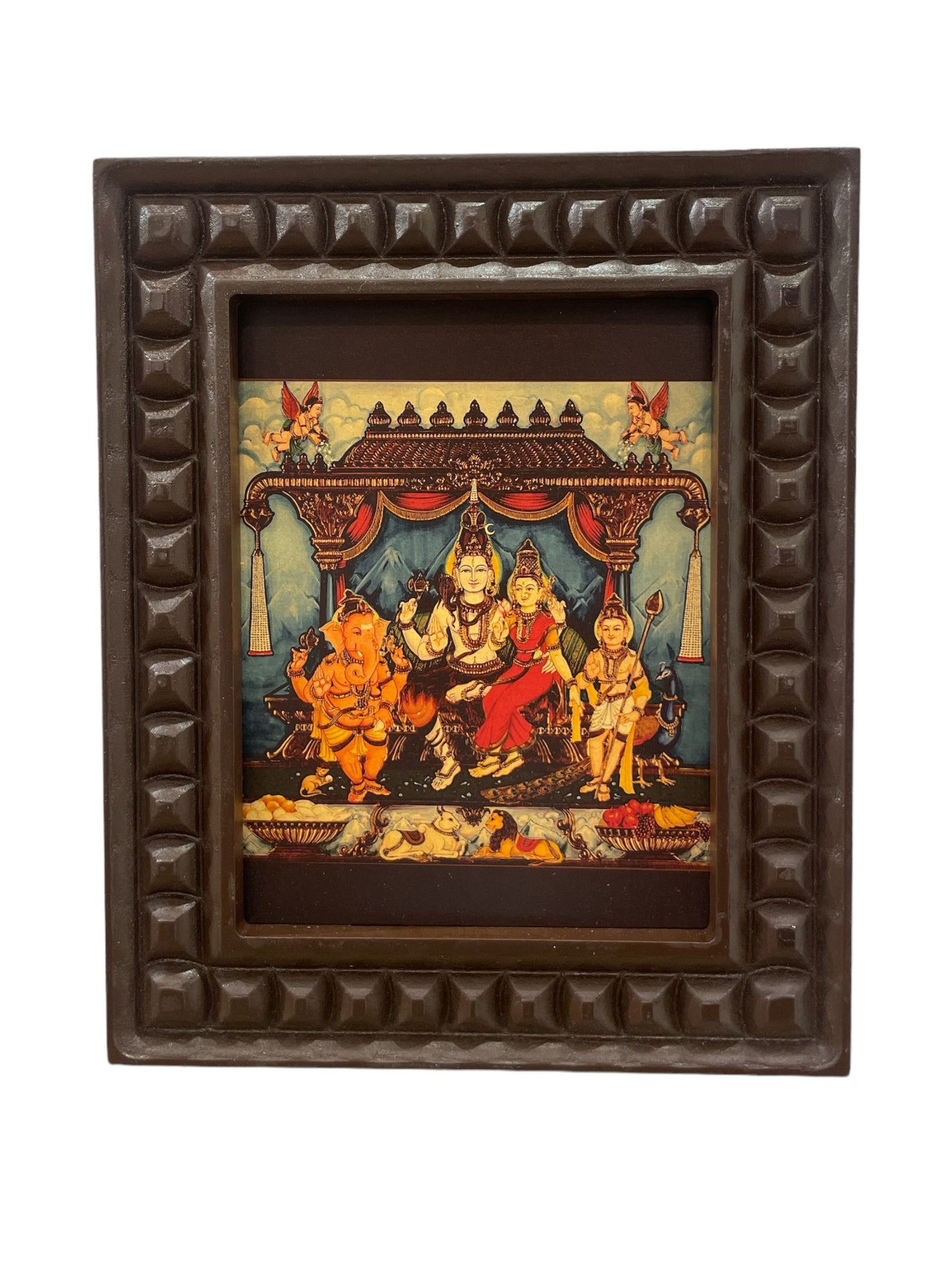 Gold Leafed Art Shiva Parivar In Mantap  With Wooden Frame