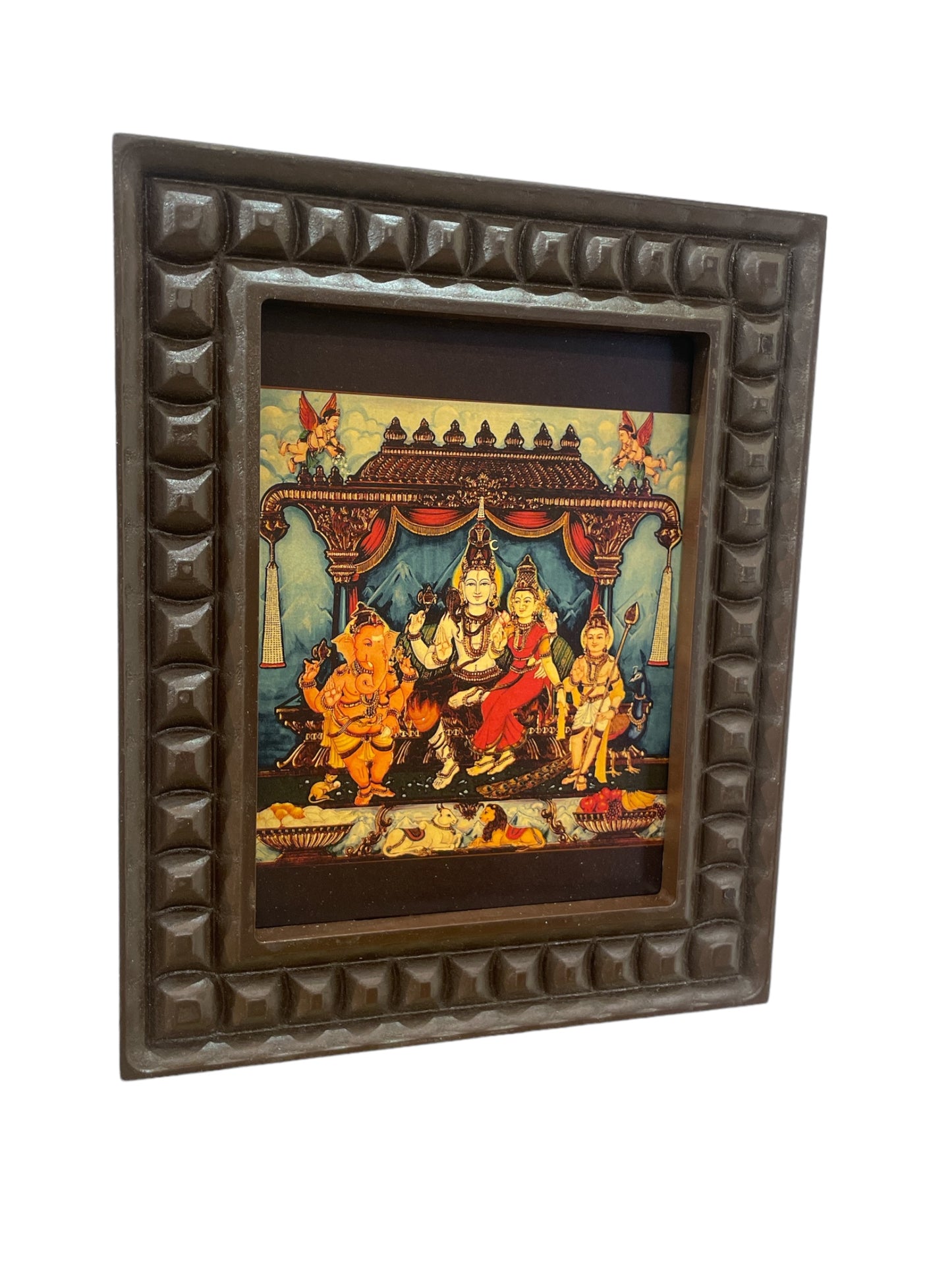 Gold Leafed Art Shiva Parivar In Mantap  With Wooden Frame