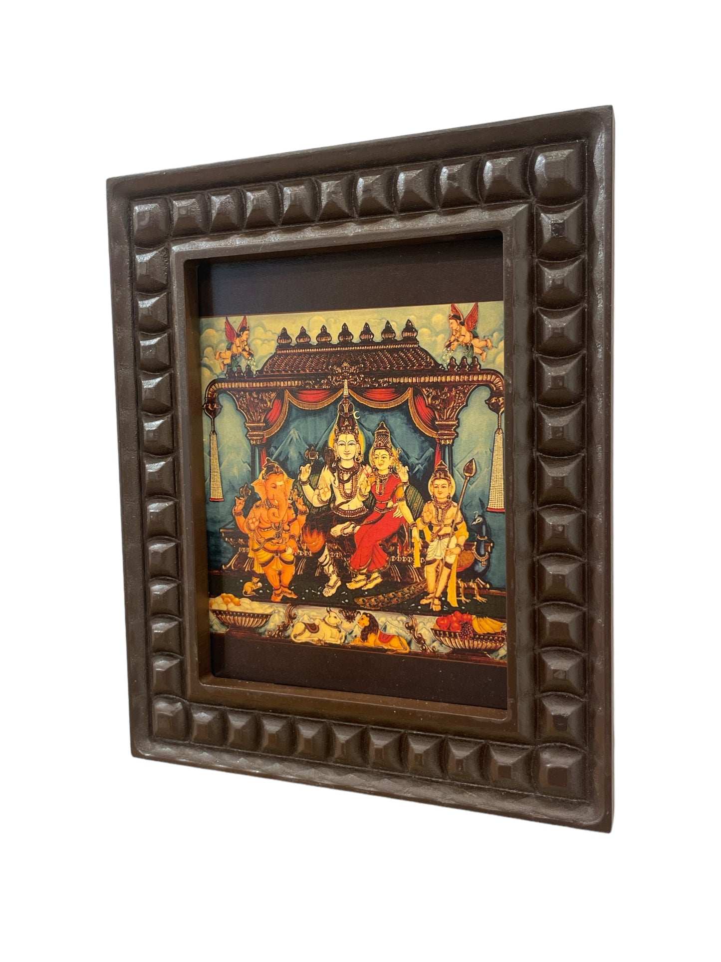 Gold Leafed Art Shiva Parivar In Mantap  With Wooden Frame