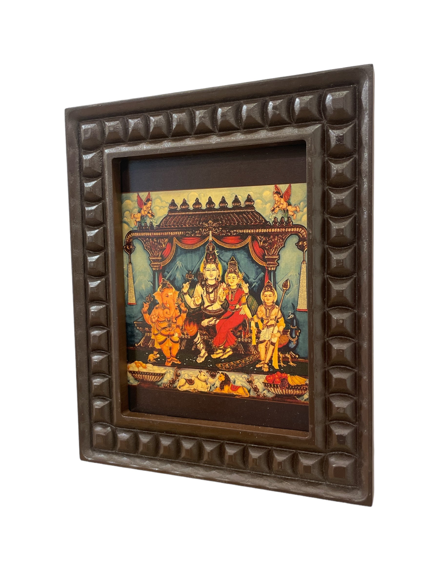 Shiva Parivar In Mantap Gold Leafed Art  With Wooden Frame