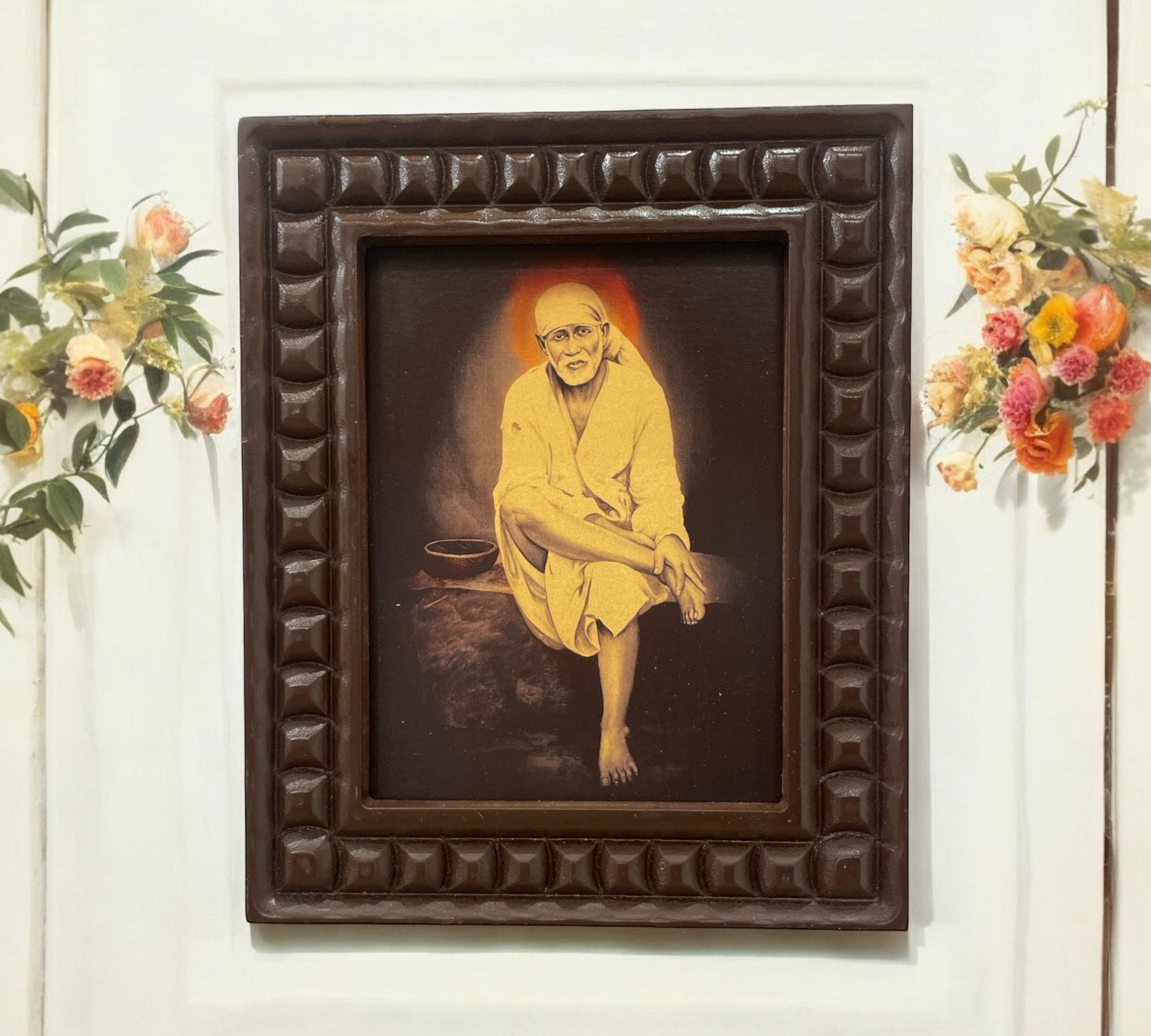 Gold Leafed Art Sai Baba  With Wooden Frame