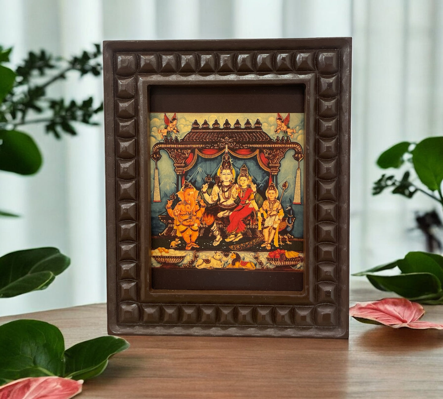 Gold Leafed Art Shiva Parivar In Mantap  With Wooden Frame