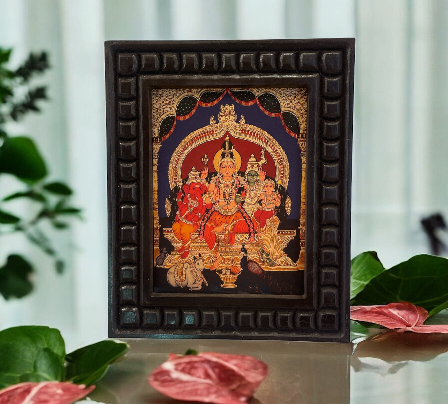 Shiva Parivar Gold Leafed Art  With Wooden Frame