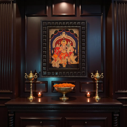 Shiva Parivar Gold Leafed Art  With Wooden Frame