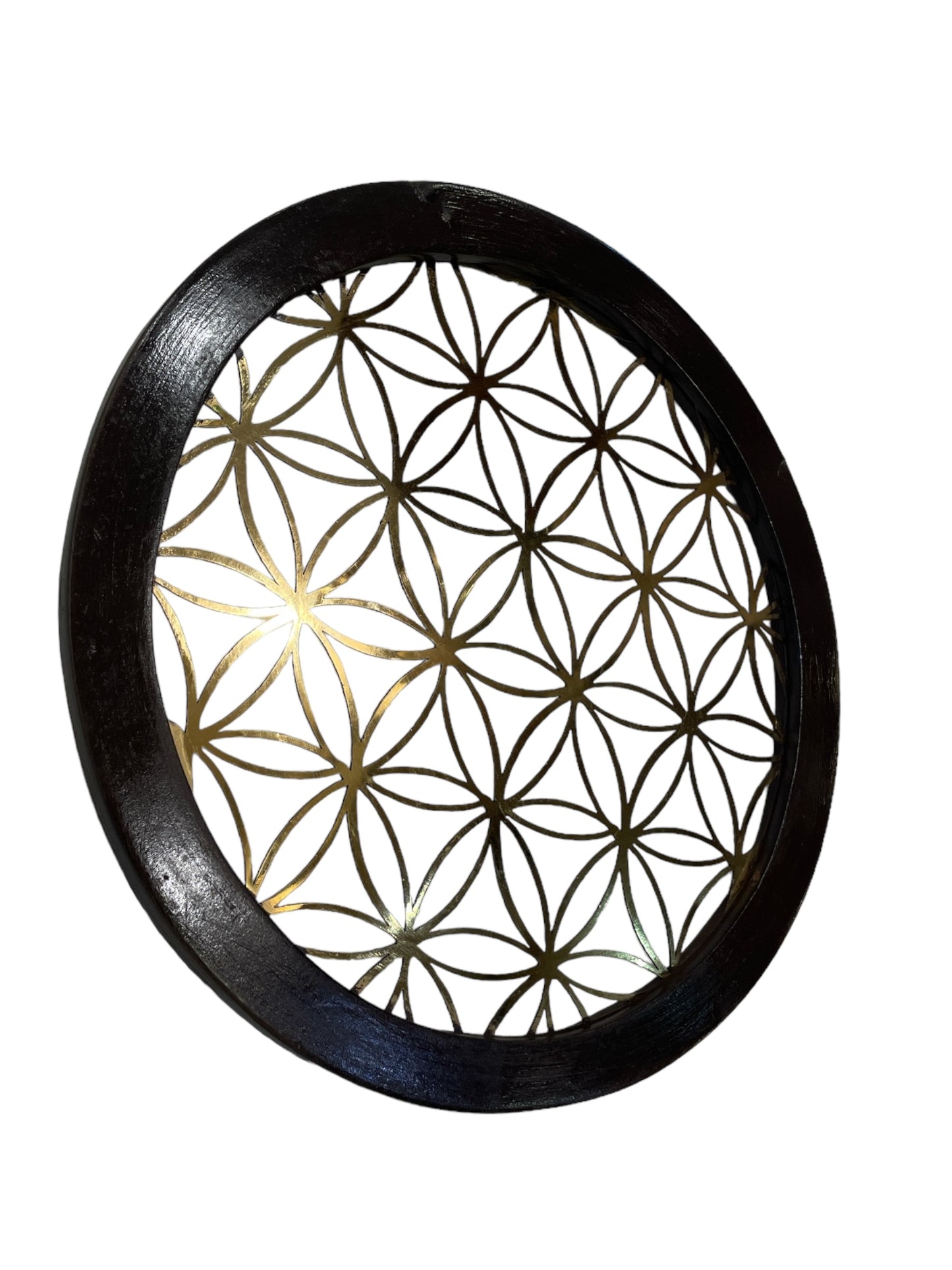 Titanium Flower of Life within a Circular wooden Frame