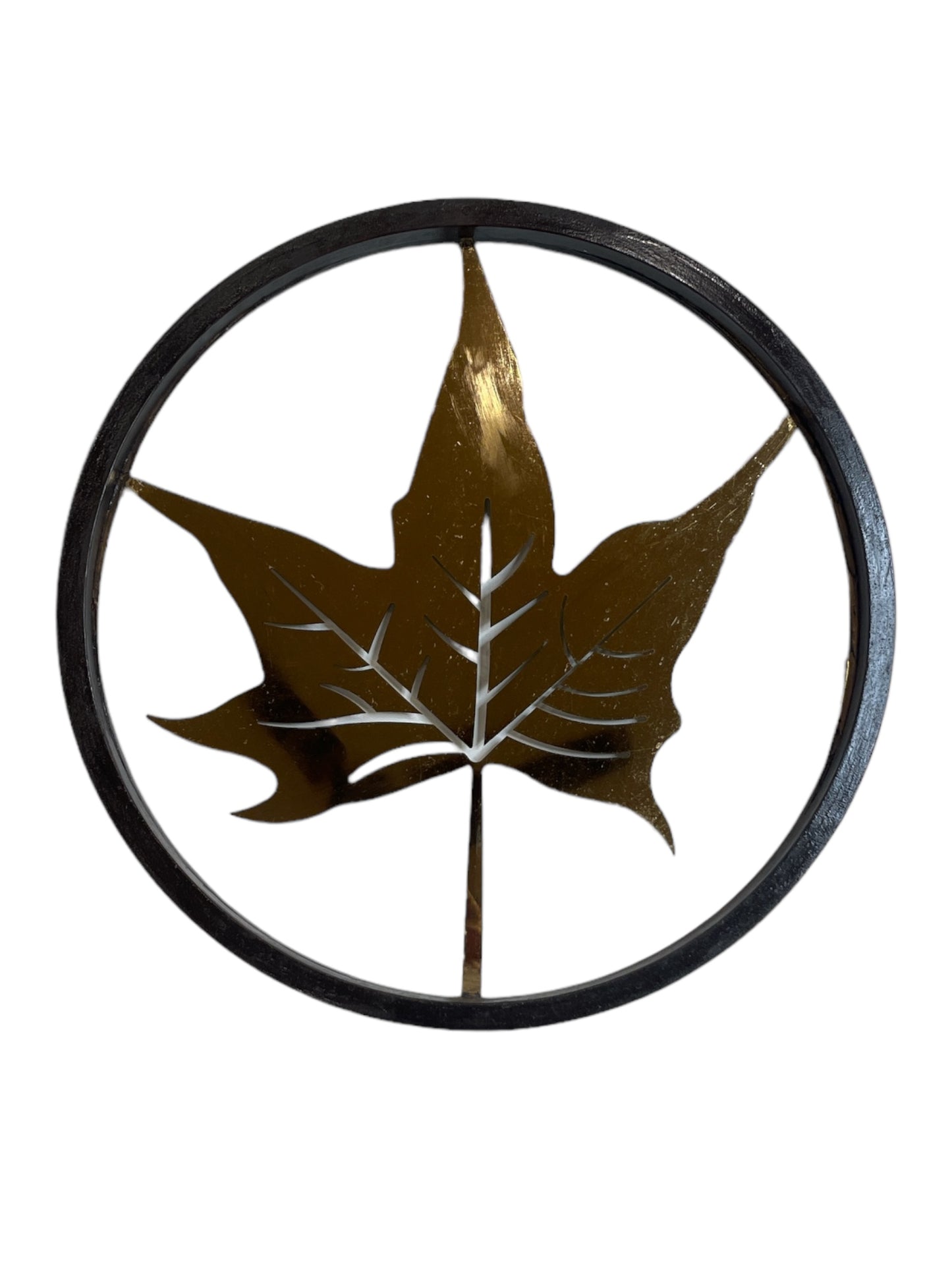 Titanium Maple Leaf Within a Circular Wooden Frame