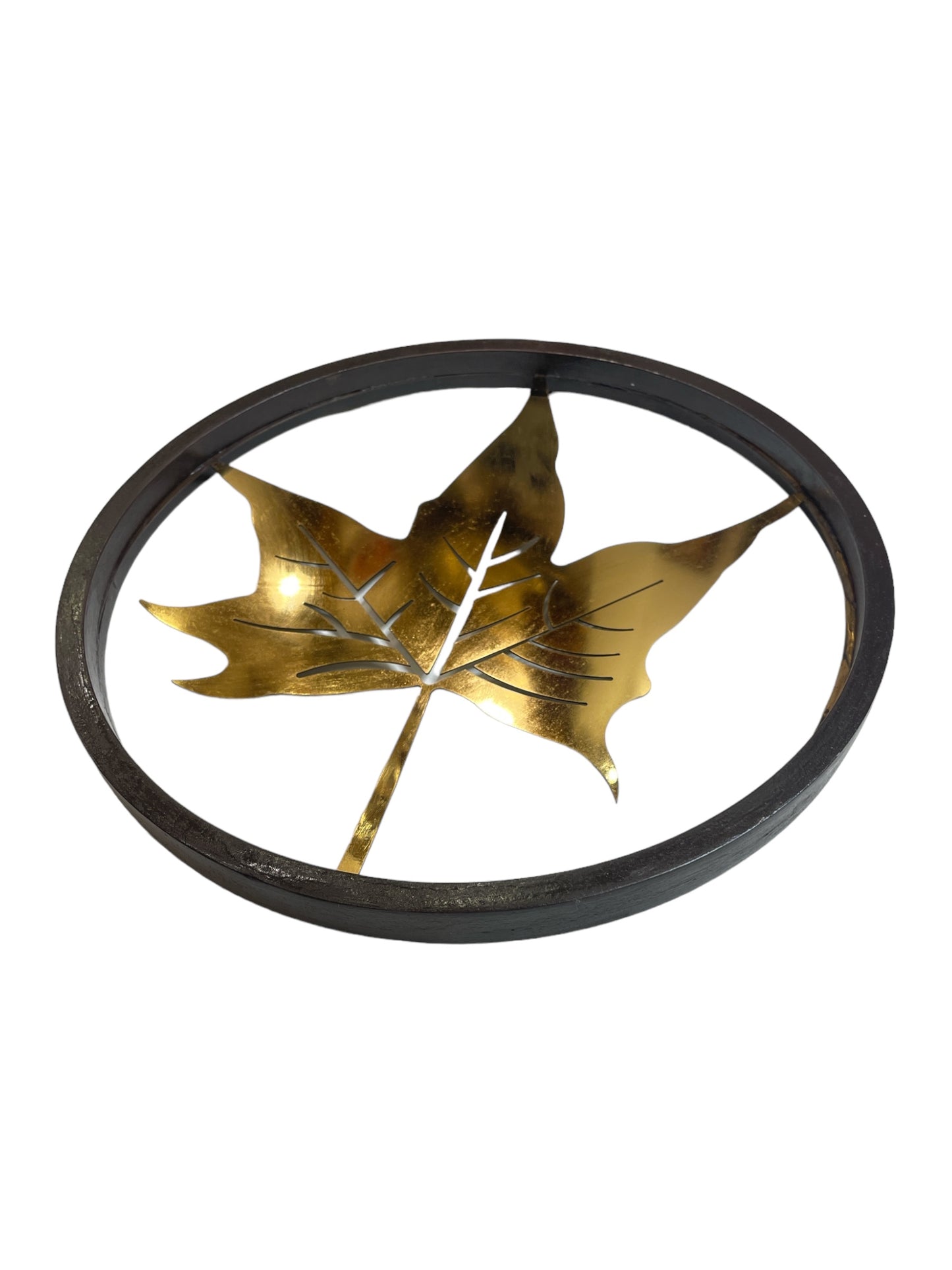 Titanium Maple Leaf Within a Circular Wooden Frame