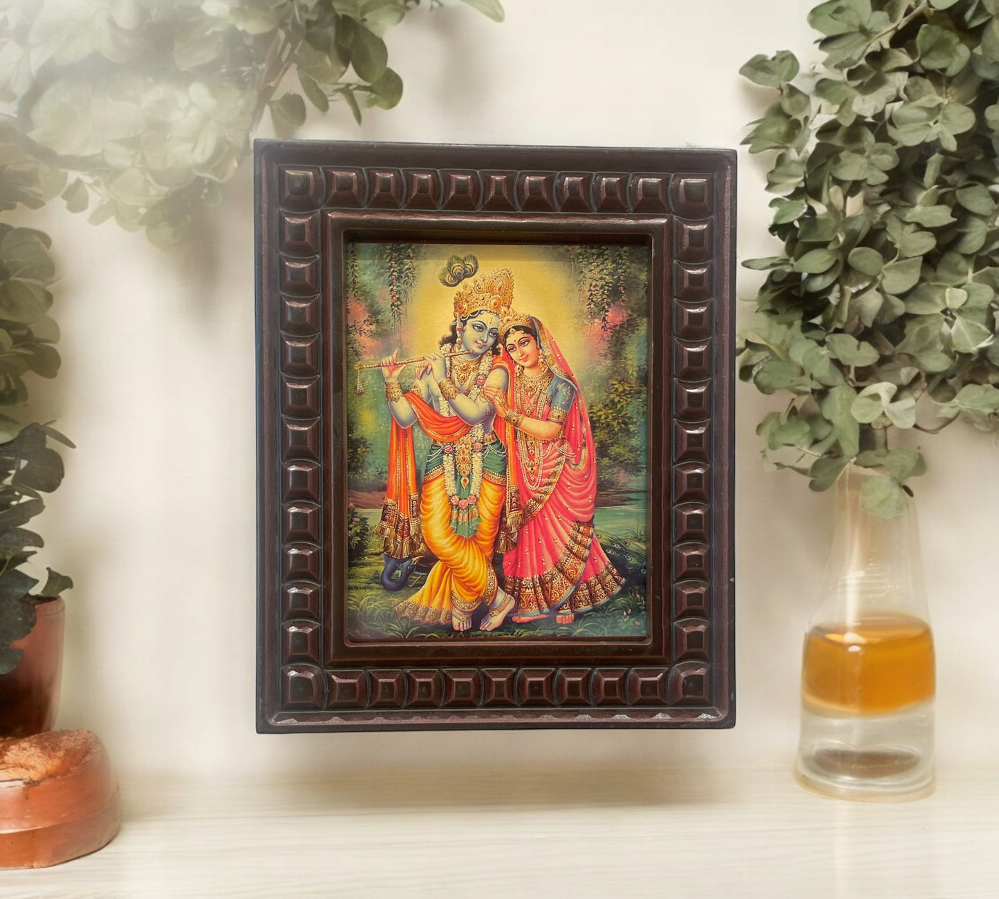 Radha Krishna Gold Leafed Art with Wooden Frame