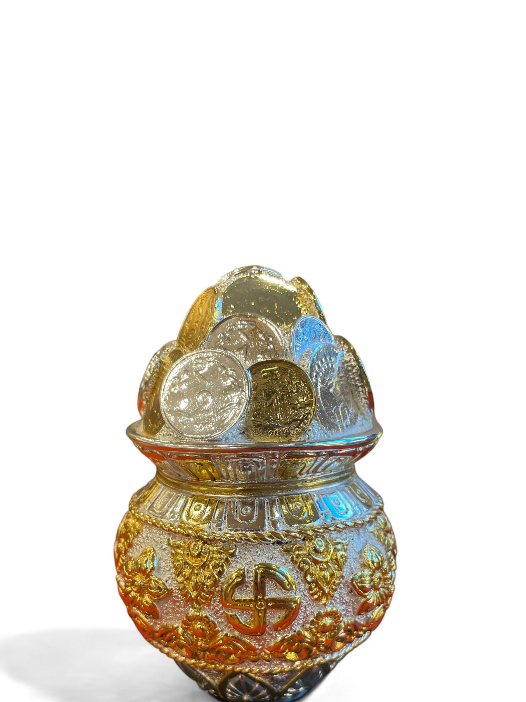 Kuber Kalash with World currency Silver & Gold plated with Free Base