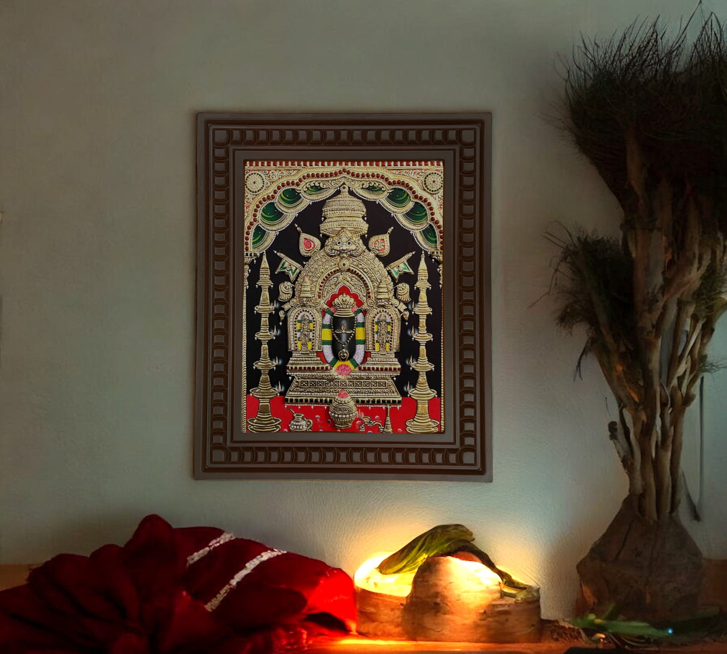 Manjunath Swamy Gold Leafed Art With Wooden Frame