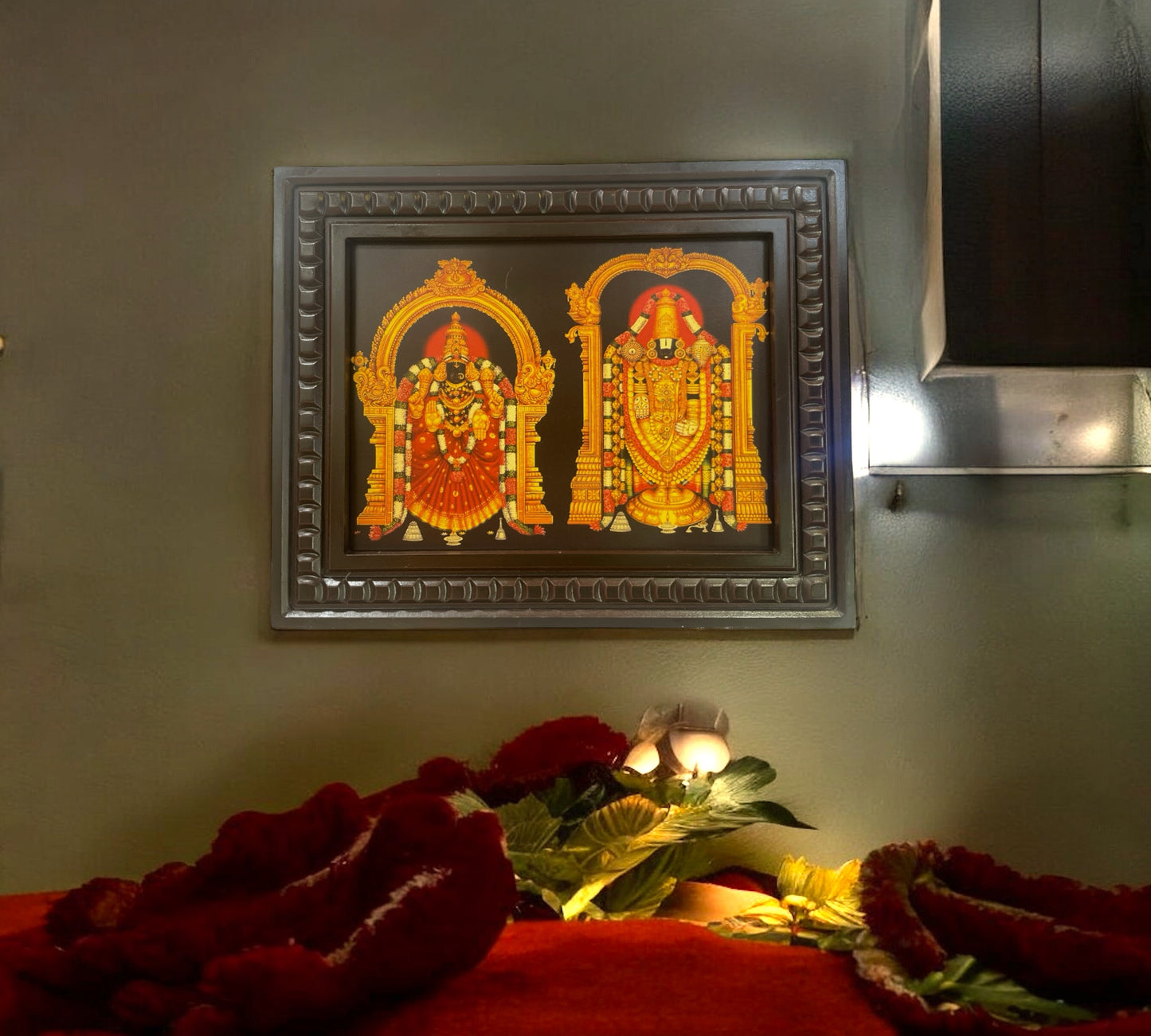 Sri Padmavathi & Tirupati Balaji Gold Leafed Art With Wooden Frame