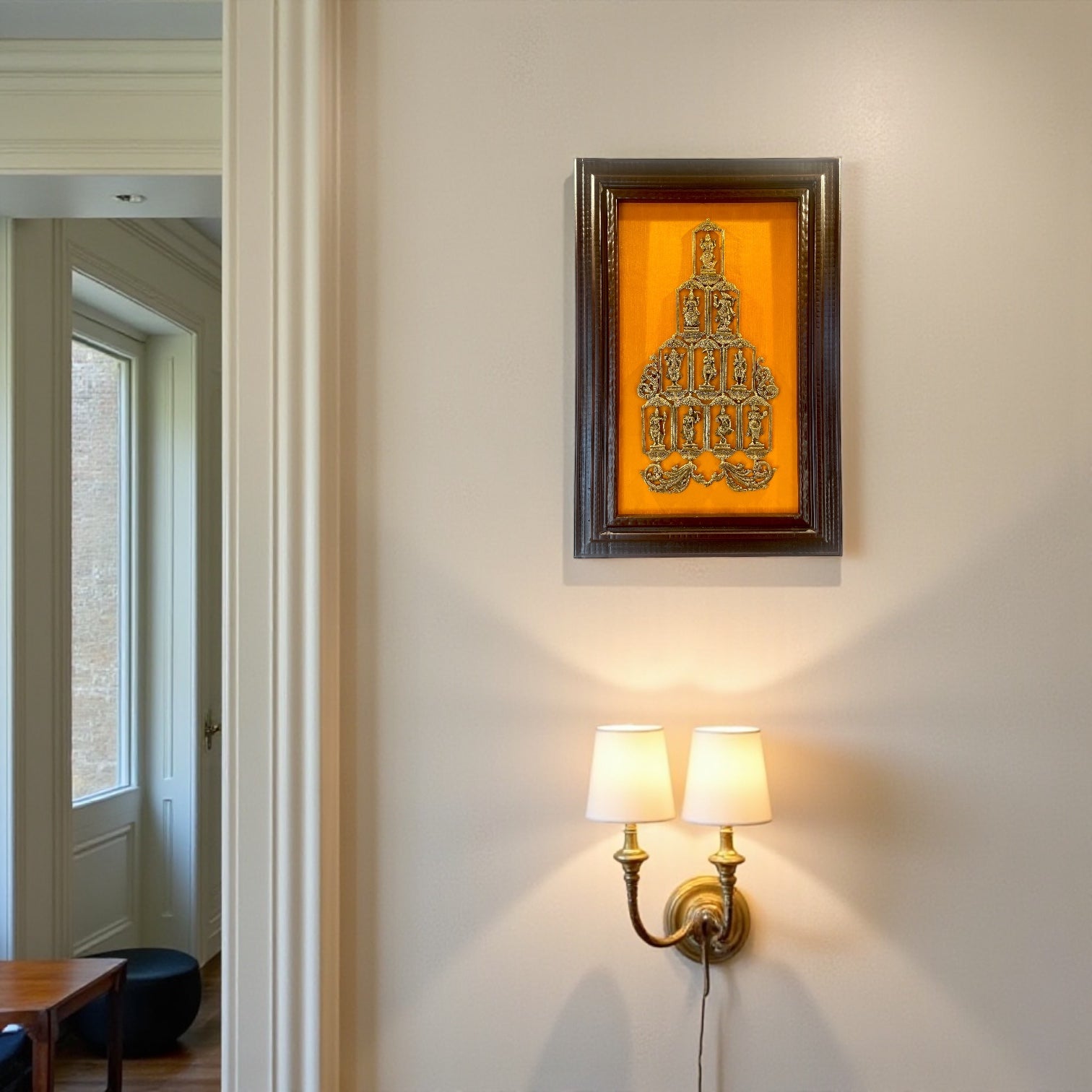 Brass Dasavathaaram in Yellow Silk Backdrop with Moulded Frame