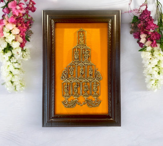 Brass Dasavathaaram in Yellow Silk Backdrop with Moulded Frame