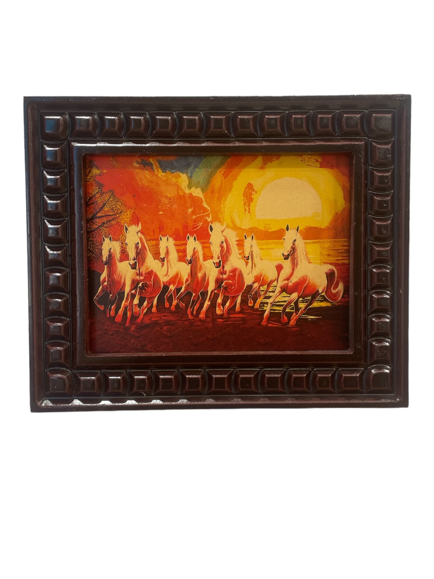 Seven Running Horses Gold Leafed Art with Wooden Frame