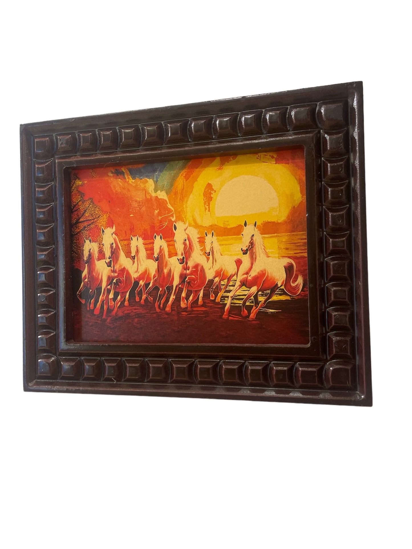 Seven Running Horses Gold Leafed Art with Wooden Frame