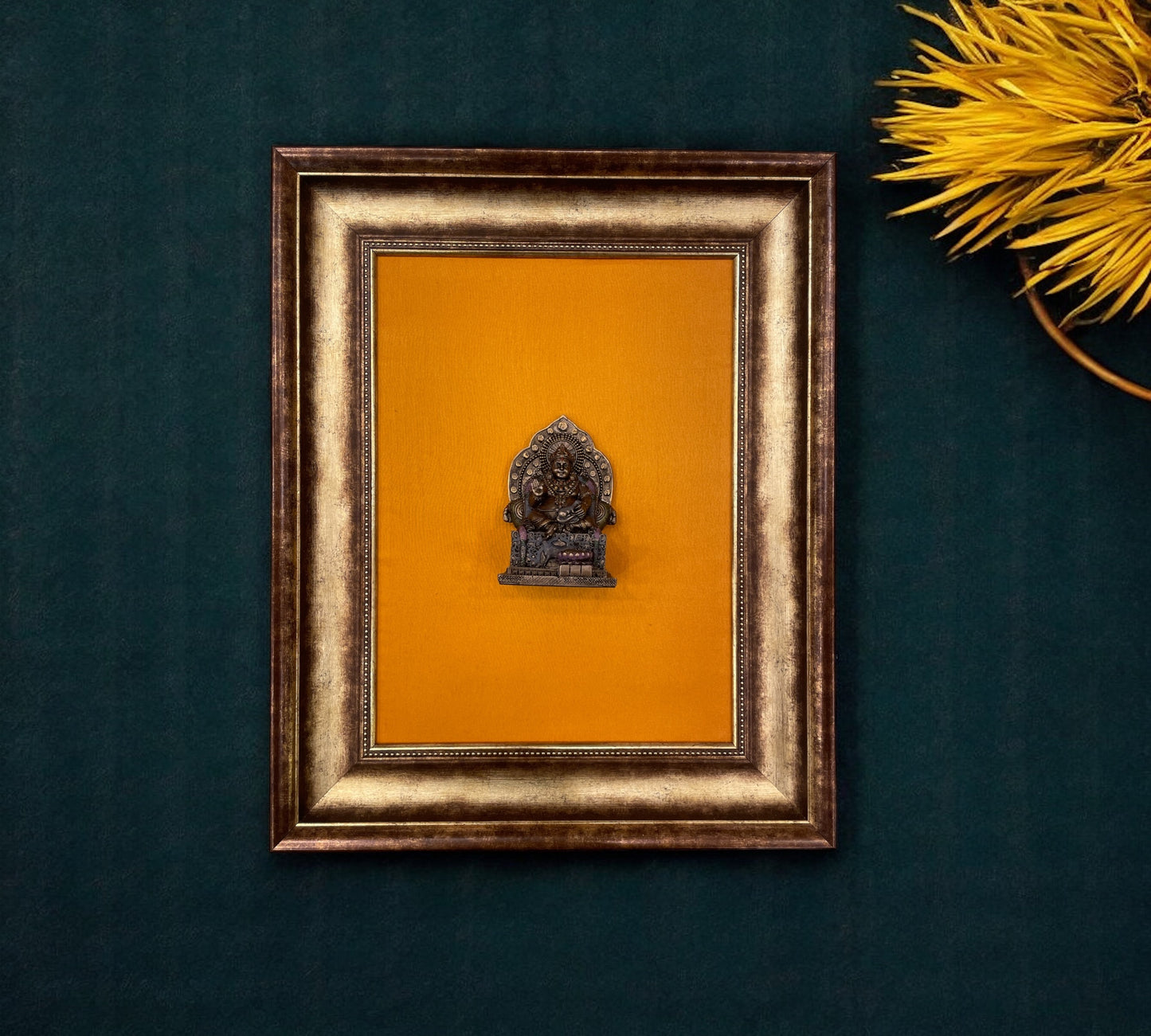 Kubera Murti Idol in Yellow silk Backdrop With Moulded Frame