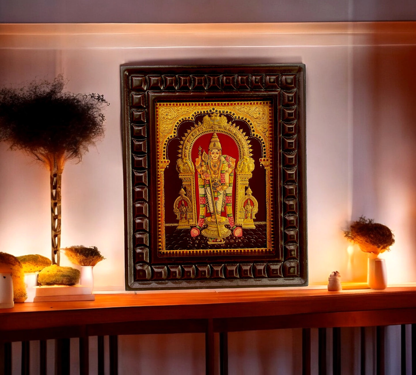 Tiruchendar Murugan Gold Leafed Art With Wooden Frame