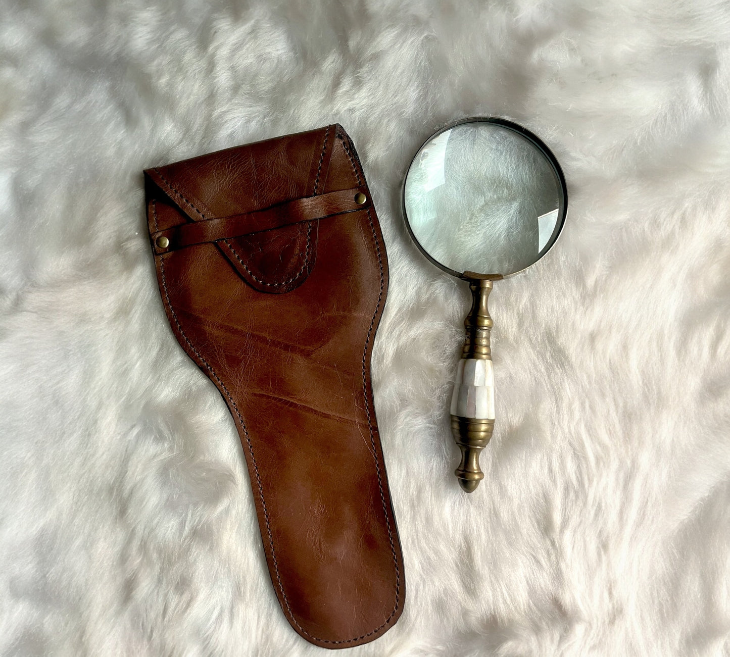 Antique Magnifying Glass Bronze and mother of pearl inlay work optional Leather Bag