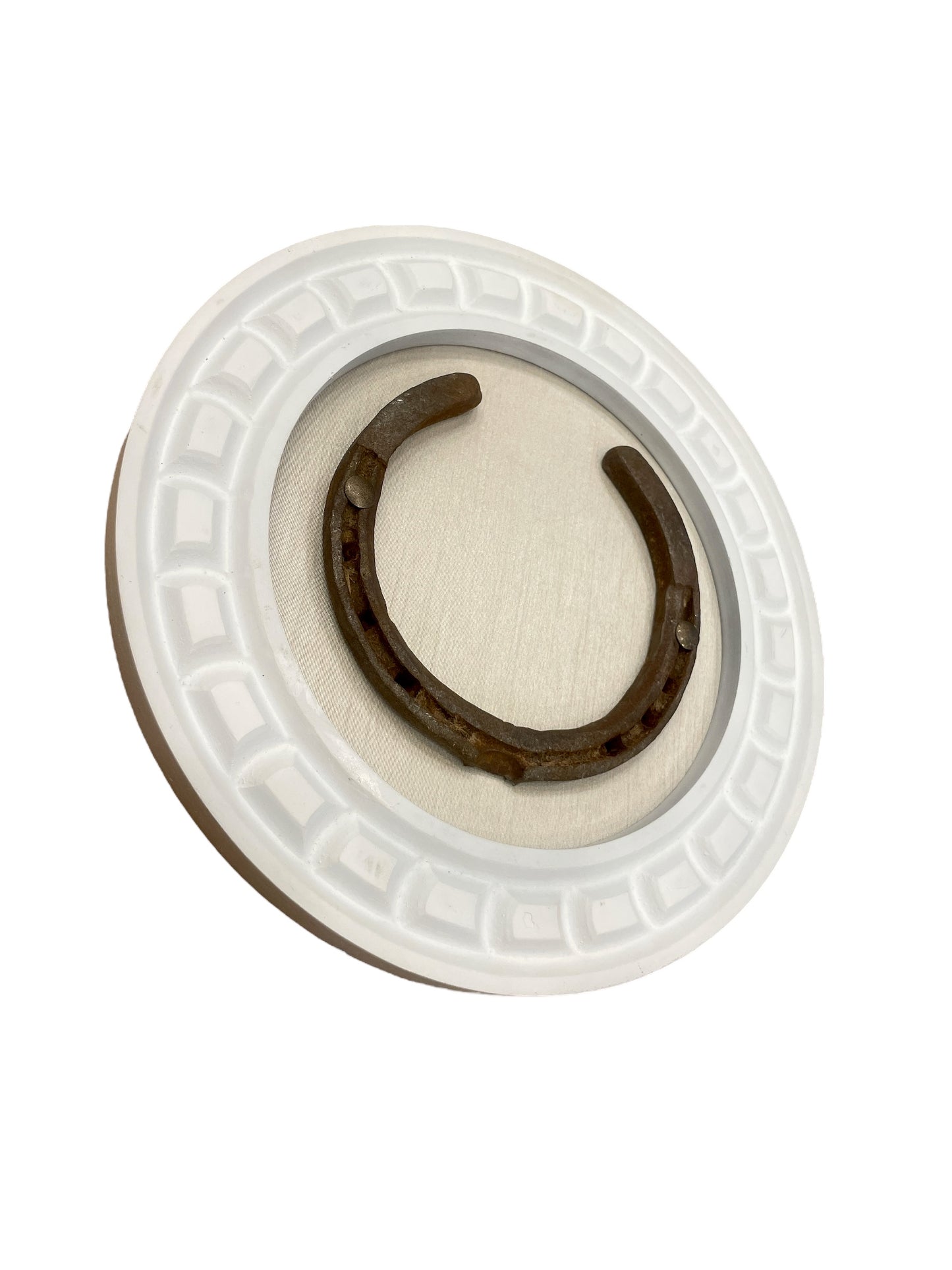 Good Luck Horse Shoe Natural with Off-white silk backdrop carved circular White wooden frame