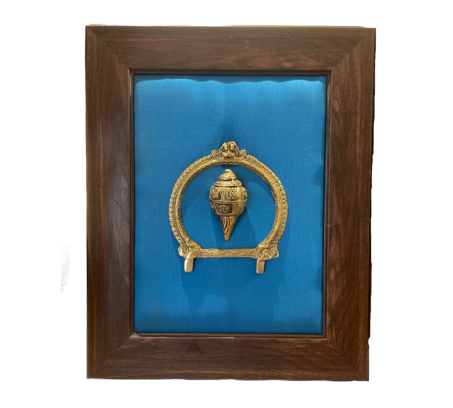 Brass Conch and Prabavali with Blue Cushion Backdrop in Brown frame