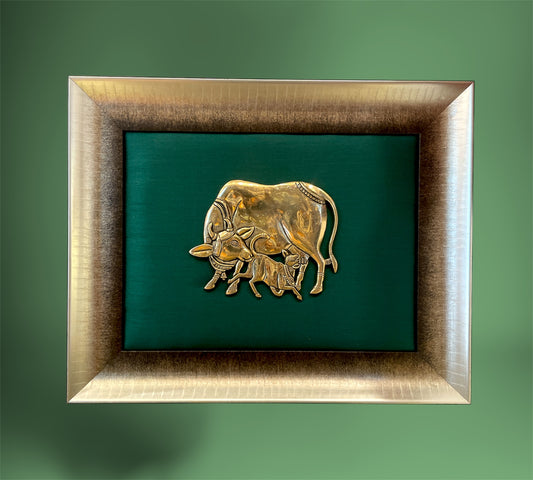 Brass Kamadhenu and Calf with Rama green cushion in Moulded Frame