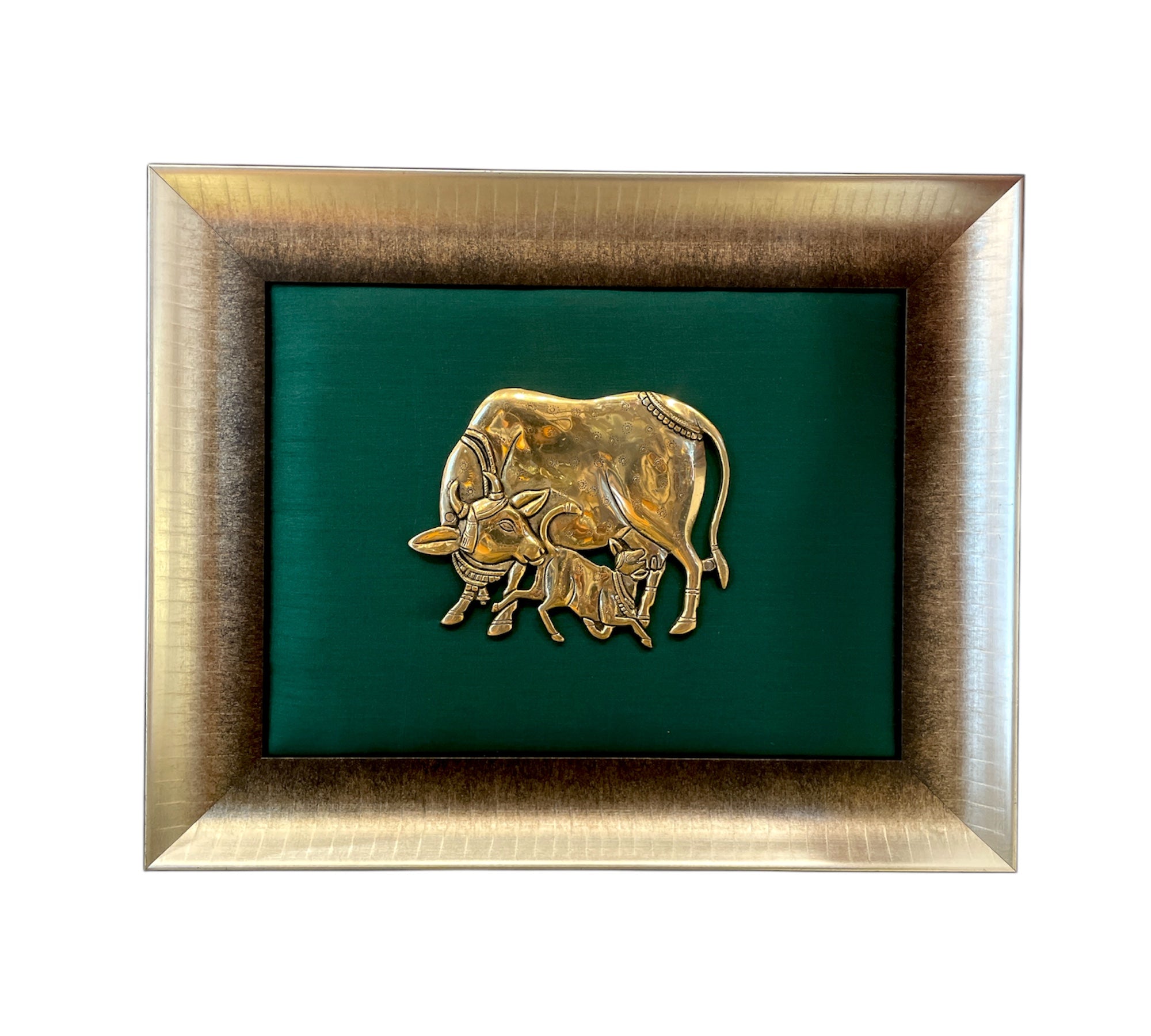 Brass Kamadhenu and Calf with Rama green cushion in Moulded Frame