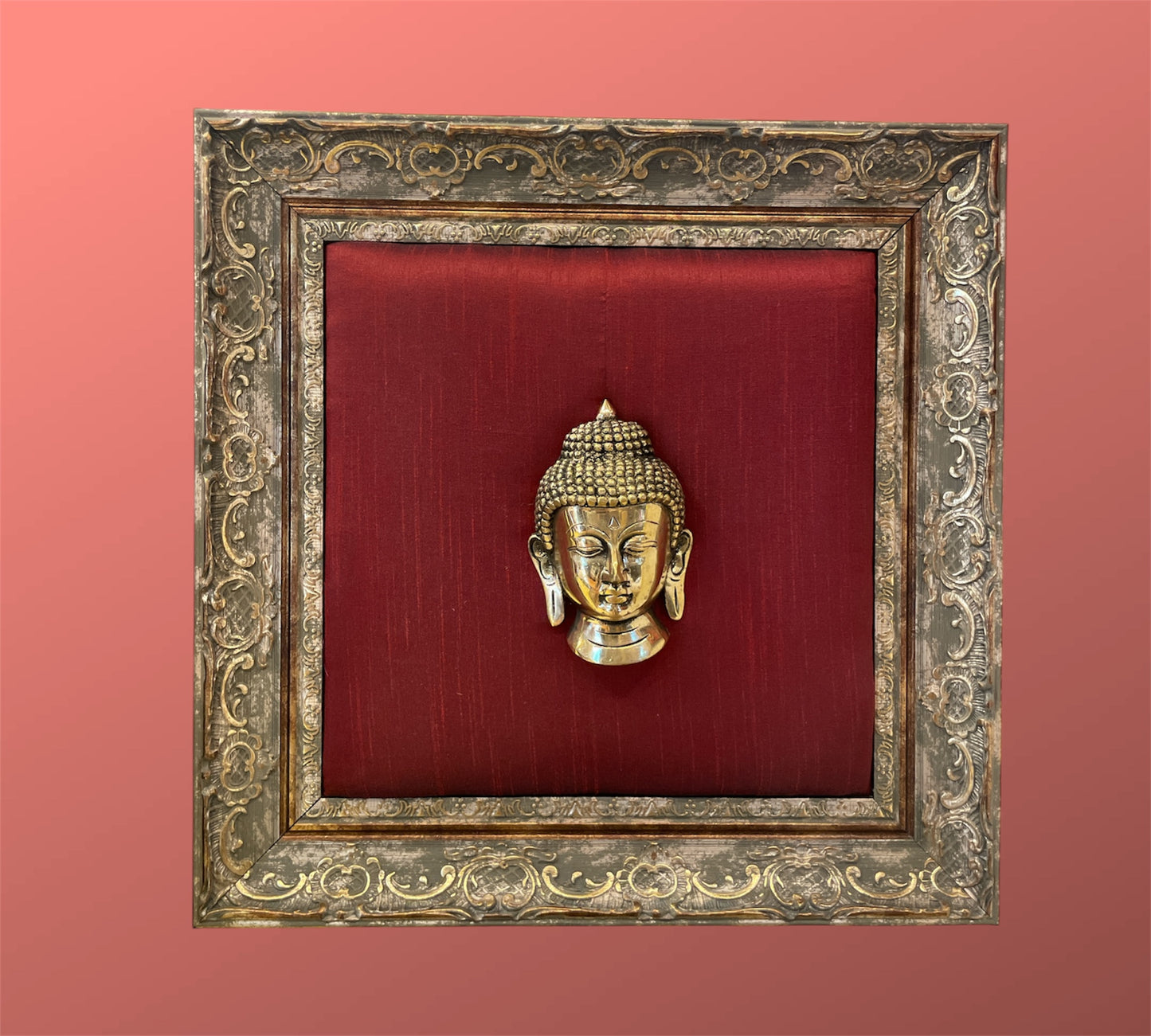 Brass Buddha with Red cushion in Moulded frame