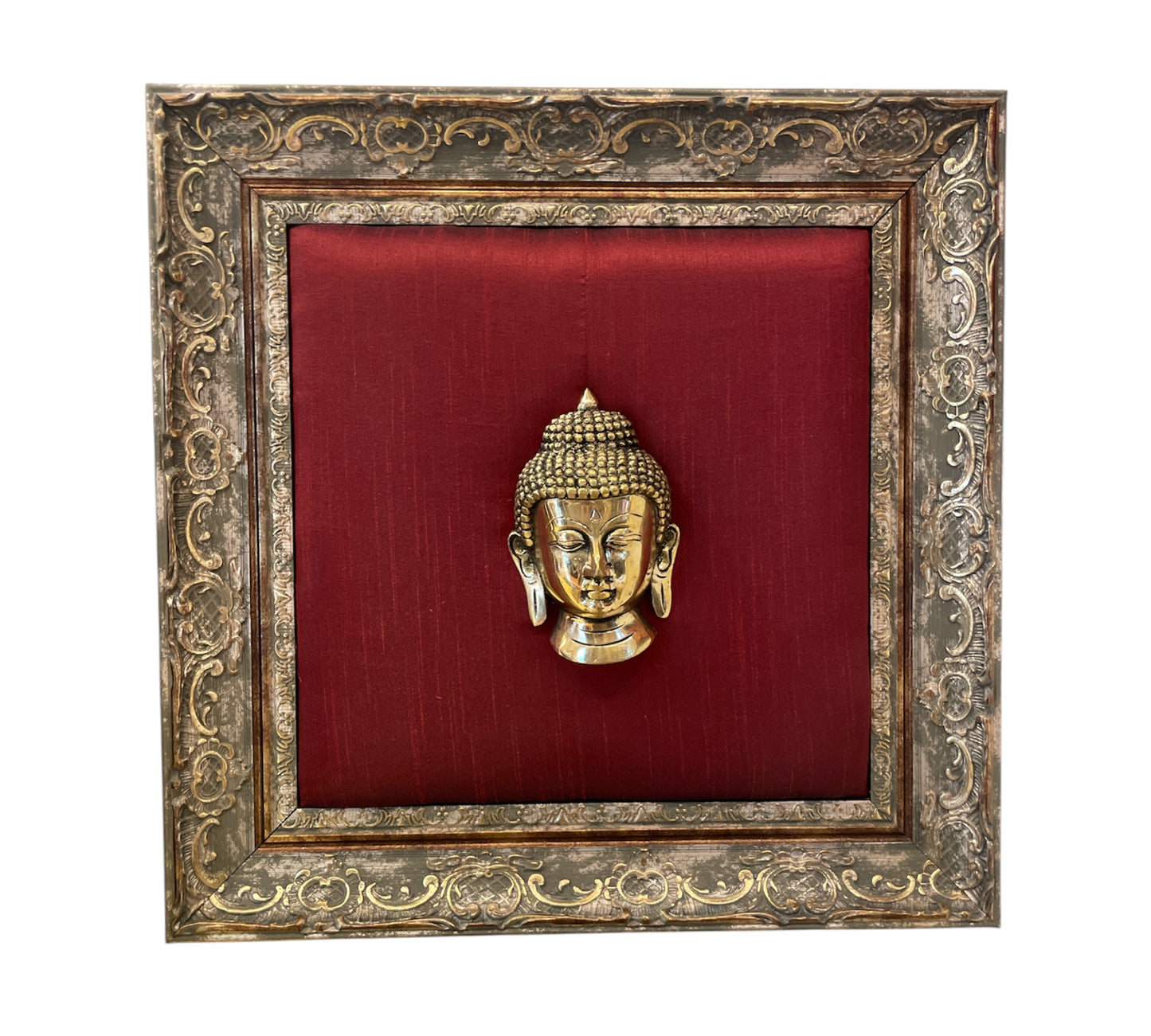 Brass Buddha with Red cushion in Moulded frame