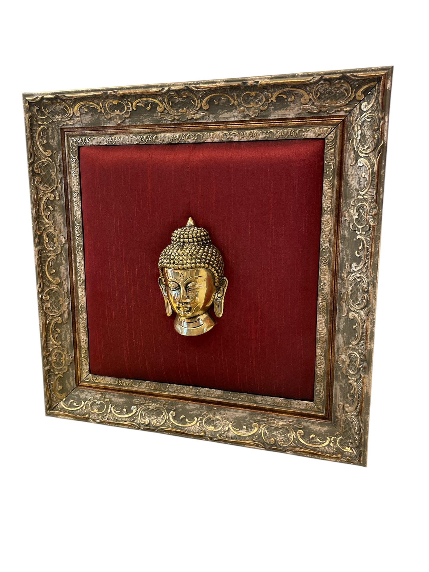 Brass Buddha with Red cushion in Moulded frame