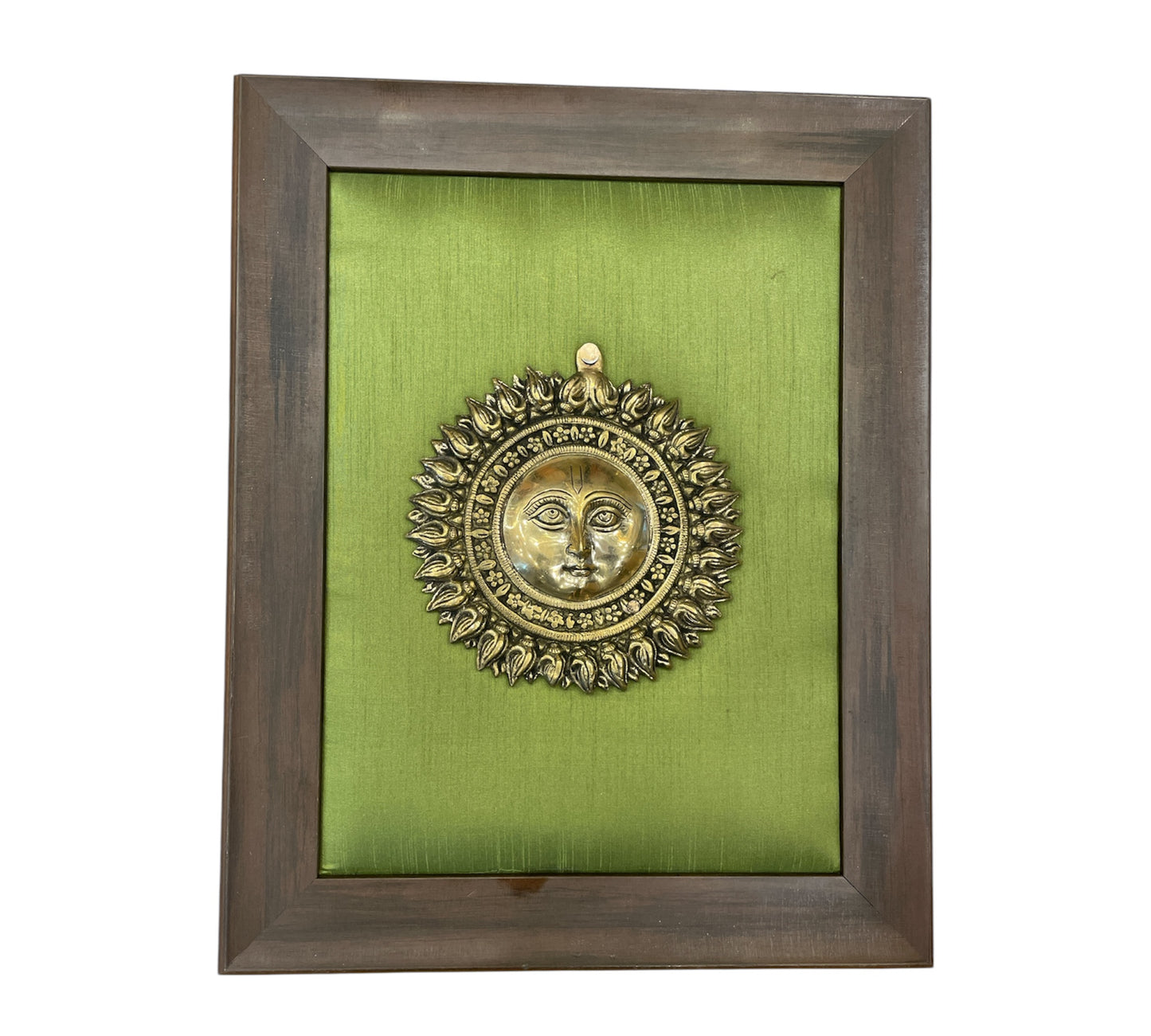 Brass Sun with Green Cushion in Brown Frame