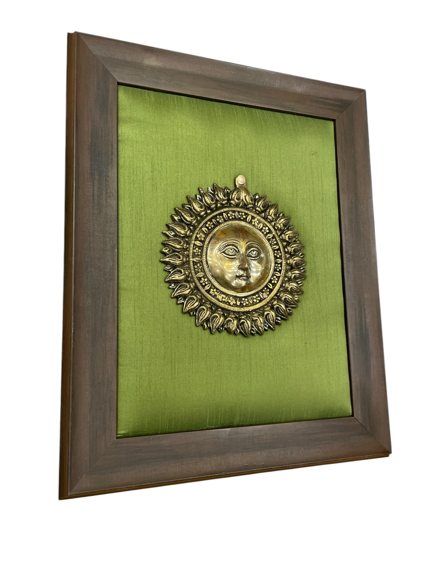 Brass Sun with Green Cushion in Brown Frame