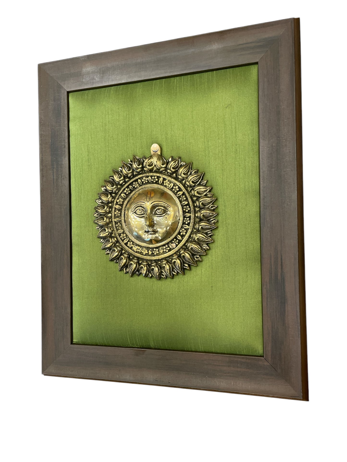 Brass Sun with Green Cushion in Brown Frame