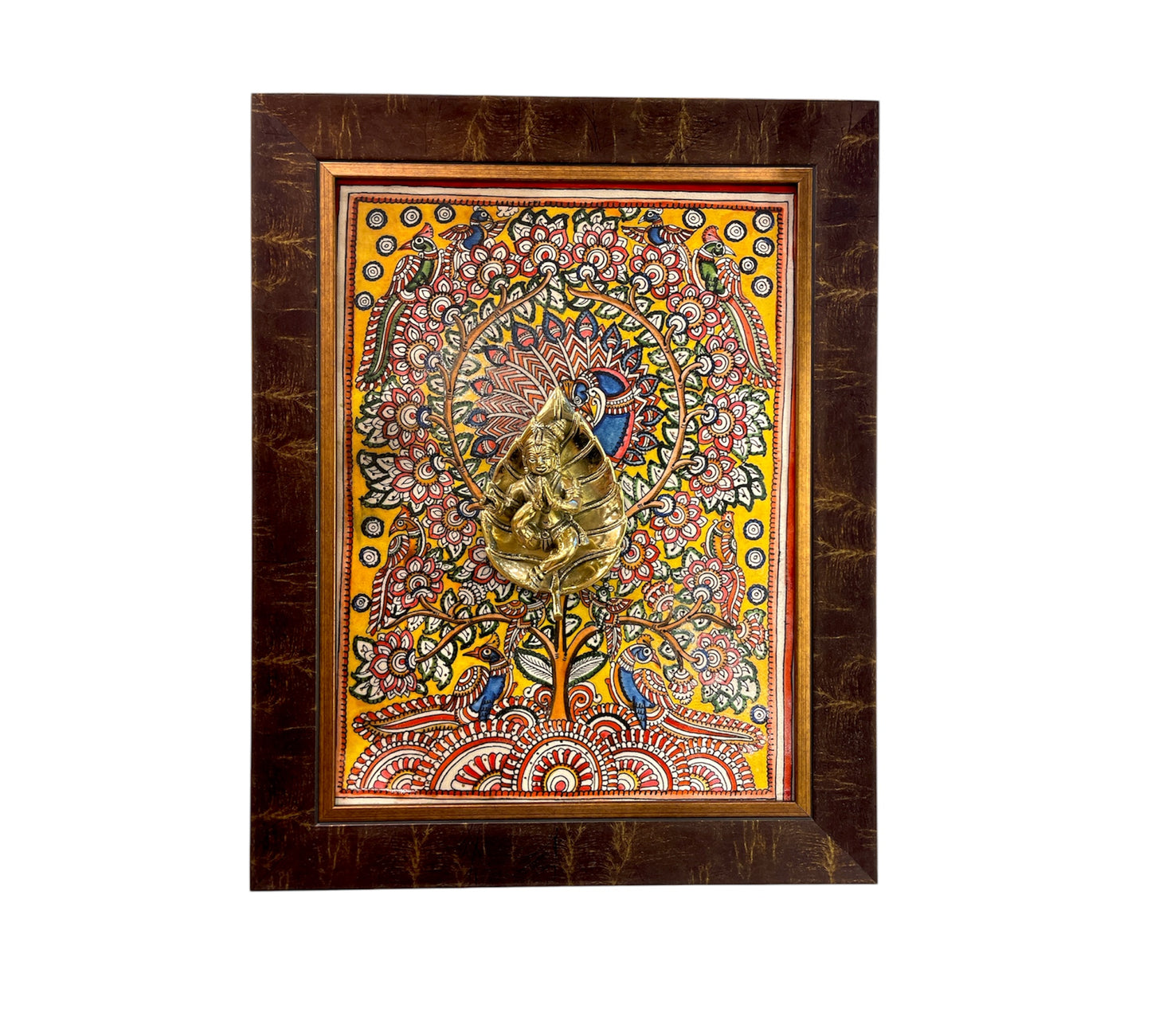 Brass Leaf Krishna with Peacock Backdrop in moulded frame