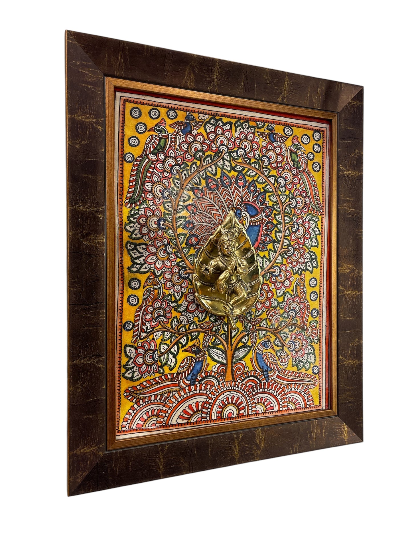 Brass Leaf Krishna with Peacock Backdrop in moulded frame