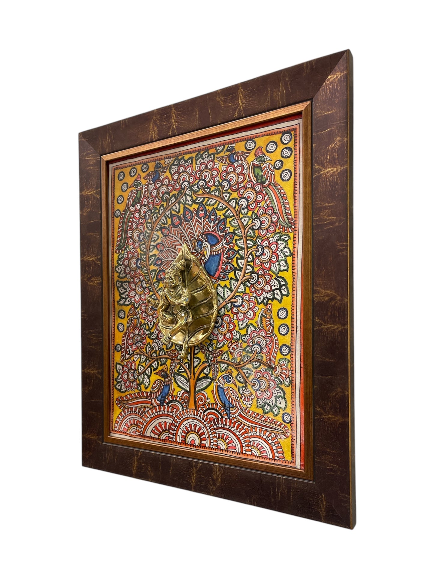 Brass Leaf Krishna with Peacock Backdrop in moulded frame