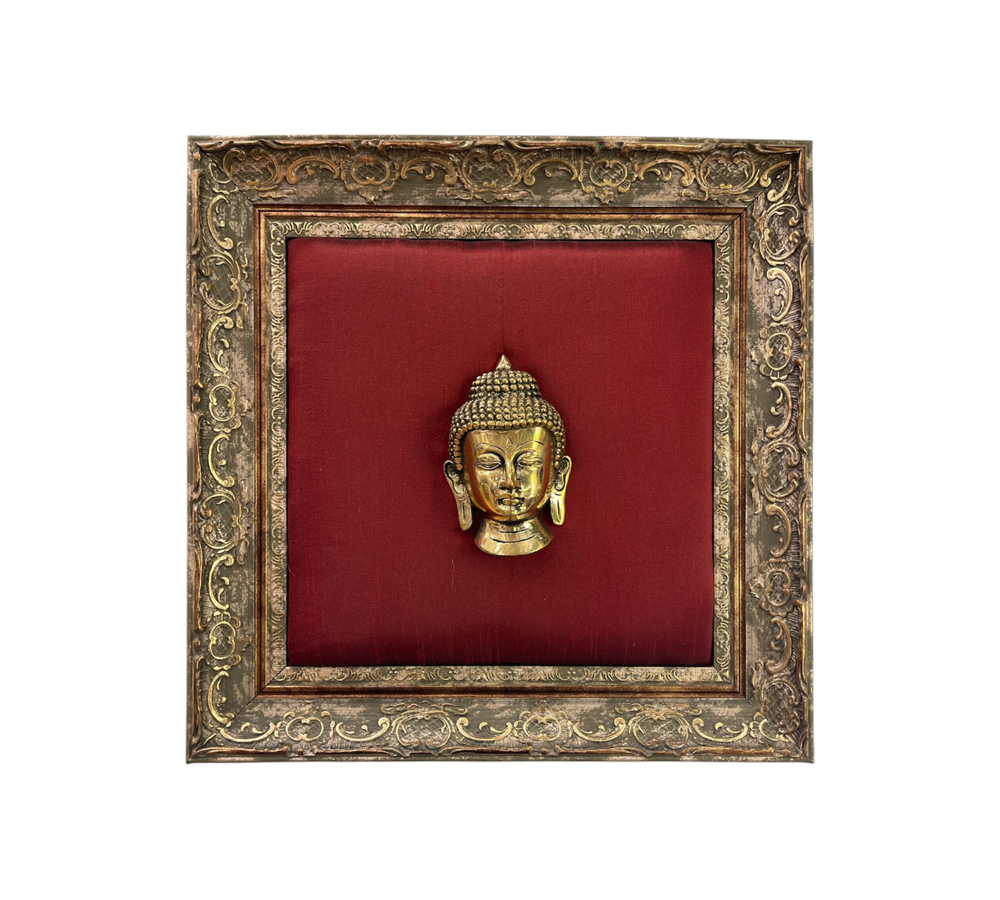 Brass Buddha with wine red silk Backdrop in moulded frame