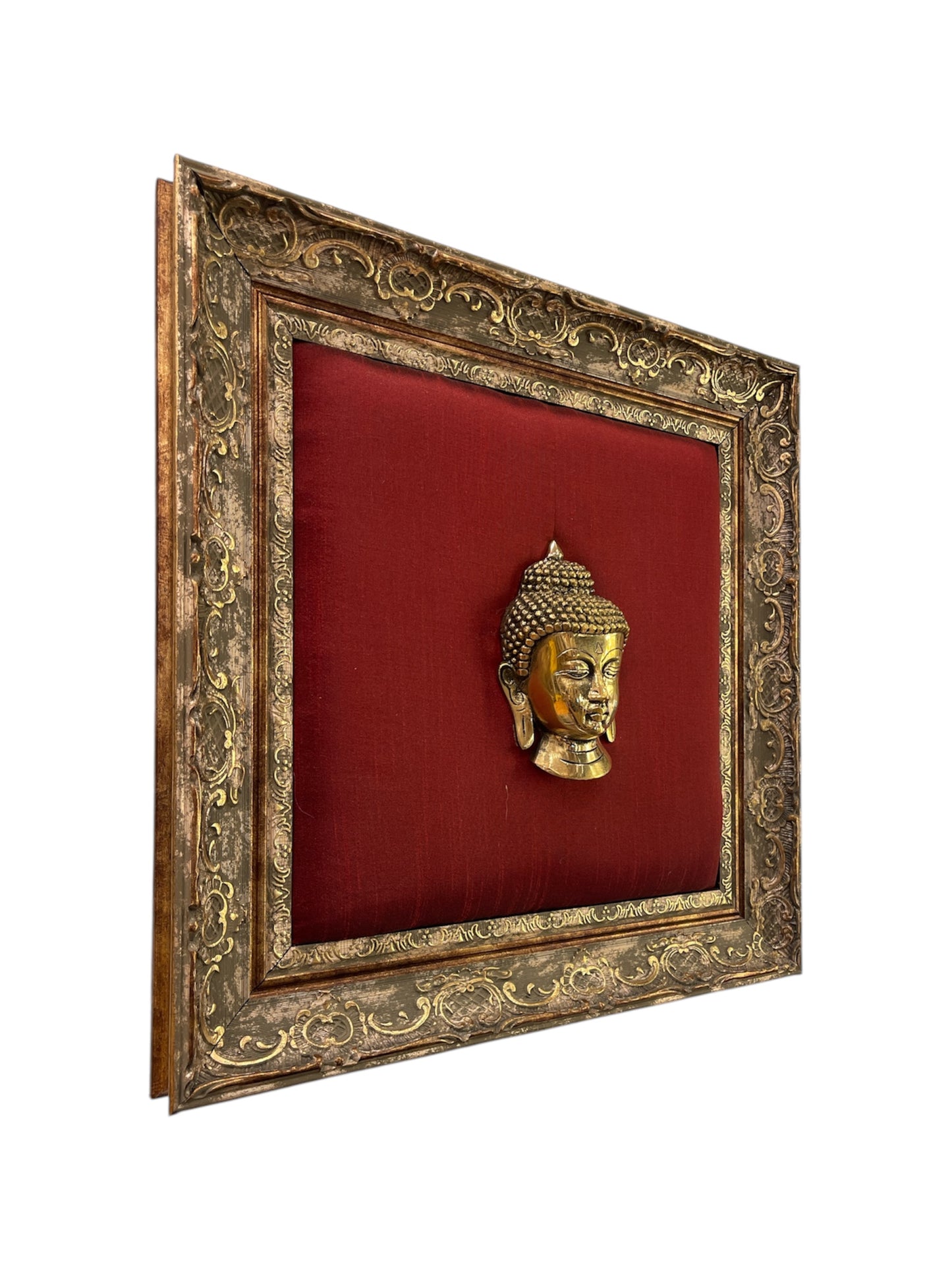 Brass Buddha with wine red silk Backdrop in moulded frame