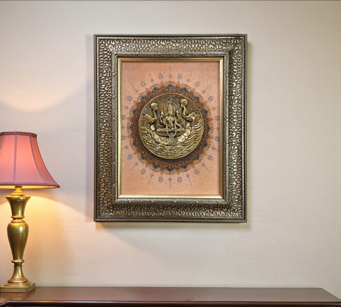 Brass Gaja Lakshmi with Mandala Backdrop in moulded frame