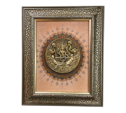 Brass Gaja Lakshmi with Mandala Backdrop in moulded frame