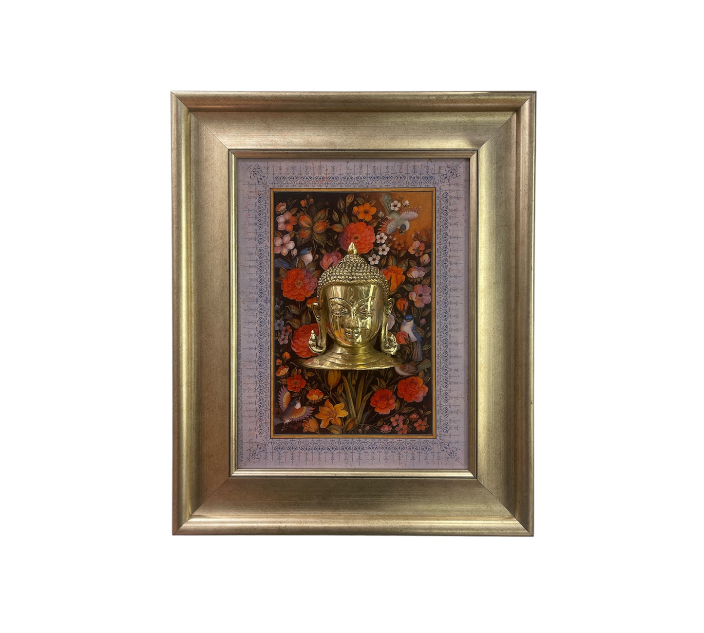 Brass Buddha with flower background in moulded frame