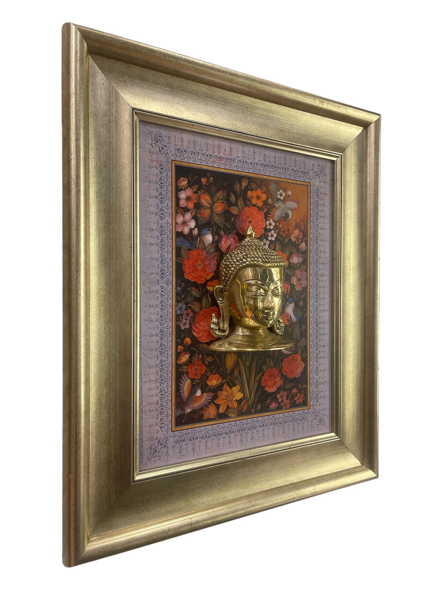 Brass Buddha with flower background in moulded frame