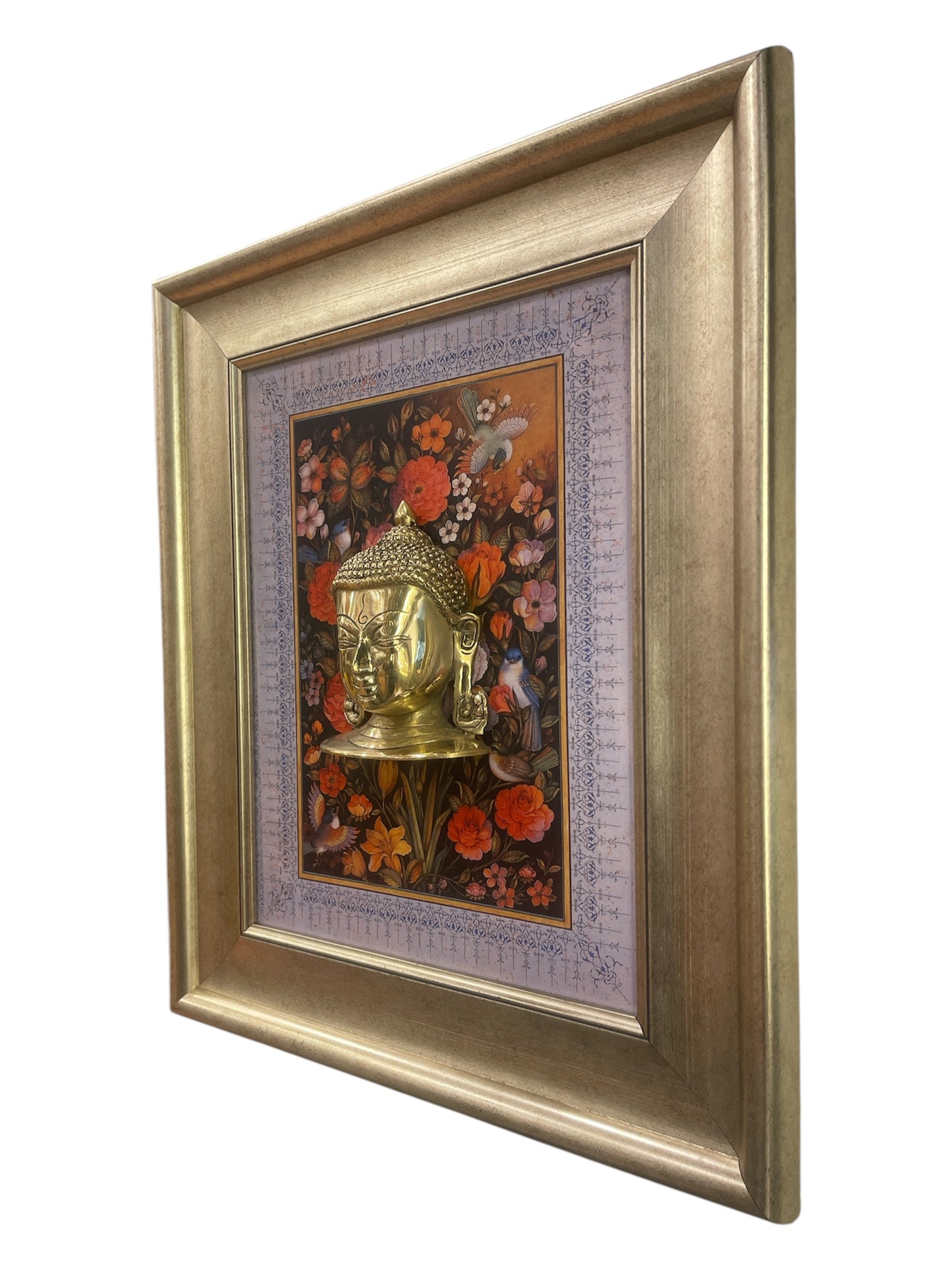 Brass Buddha with flower background in moulded frame