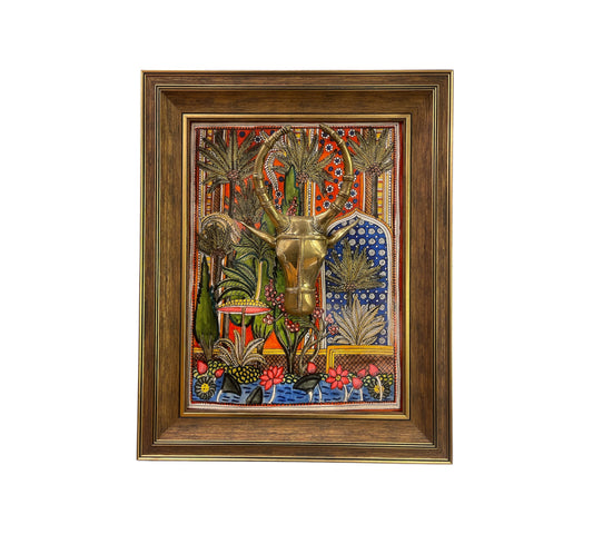 Brass Bull Head with Lotus Pond Background in moulded frame