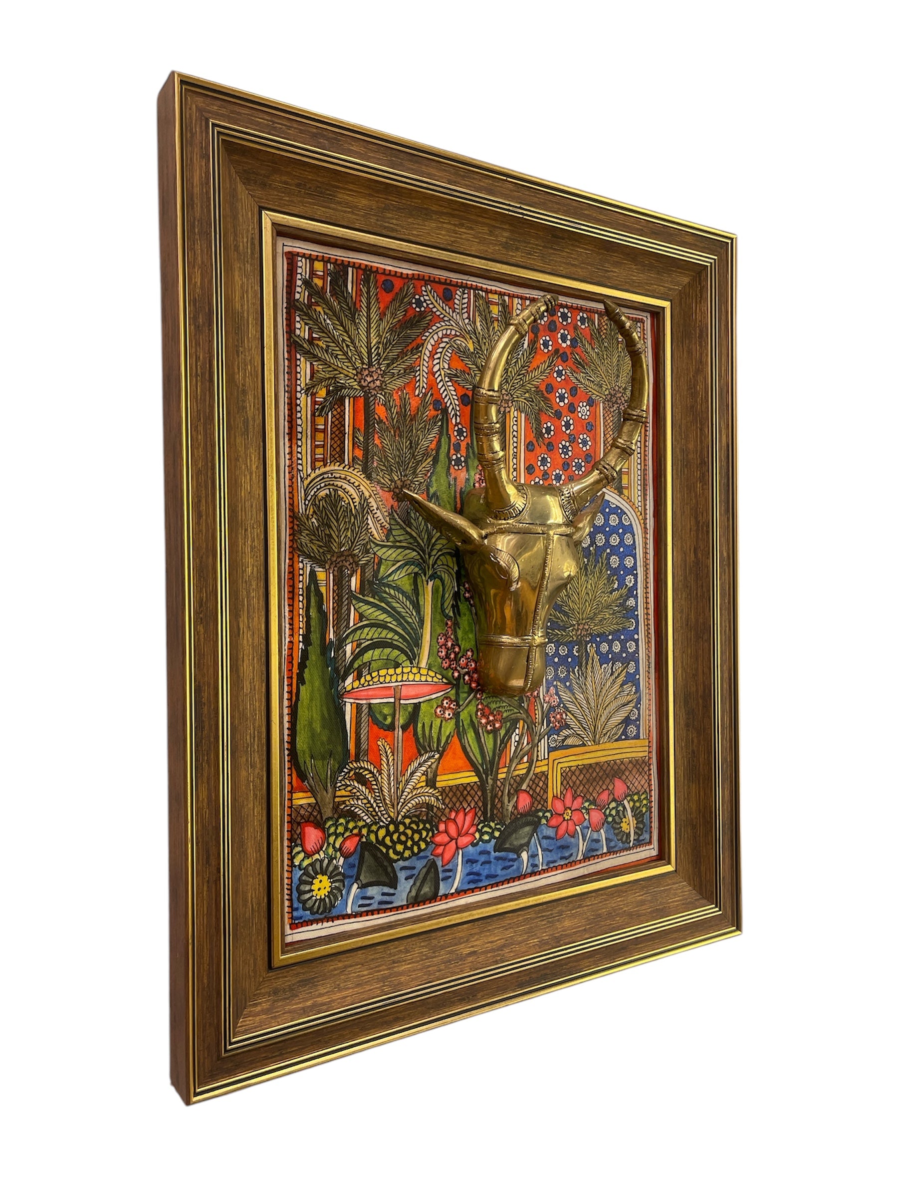 Brass Bull Head with Lotus Pond Background in moulded frame