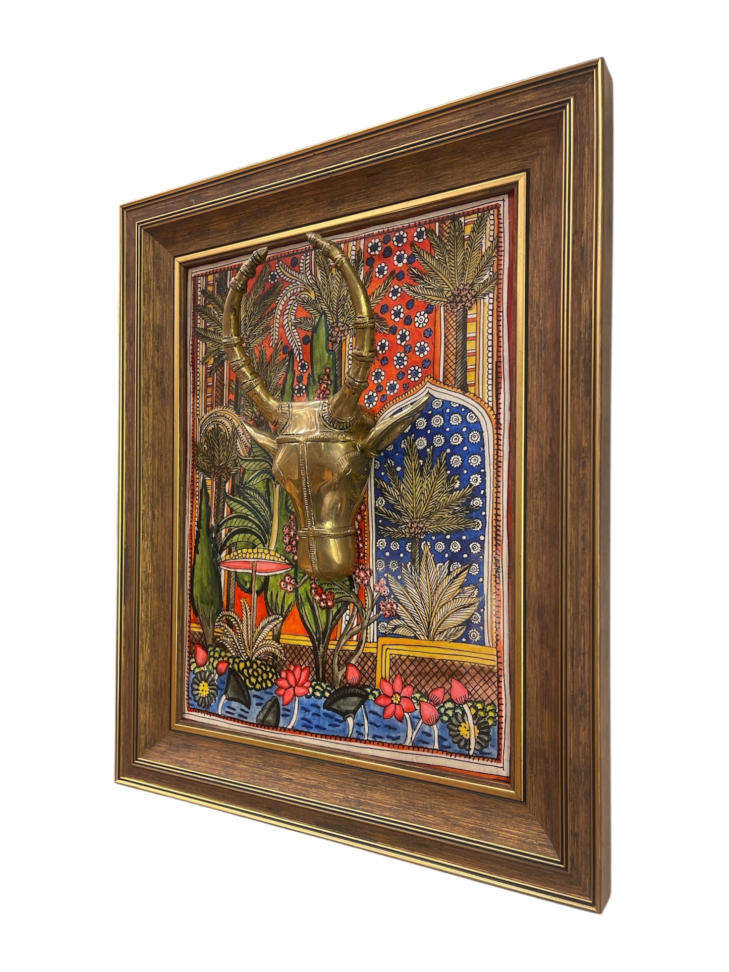 Brass Bull Head with Lotus Pond Background in moulded frame