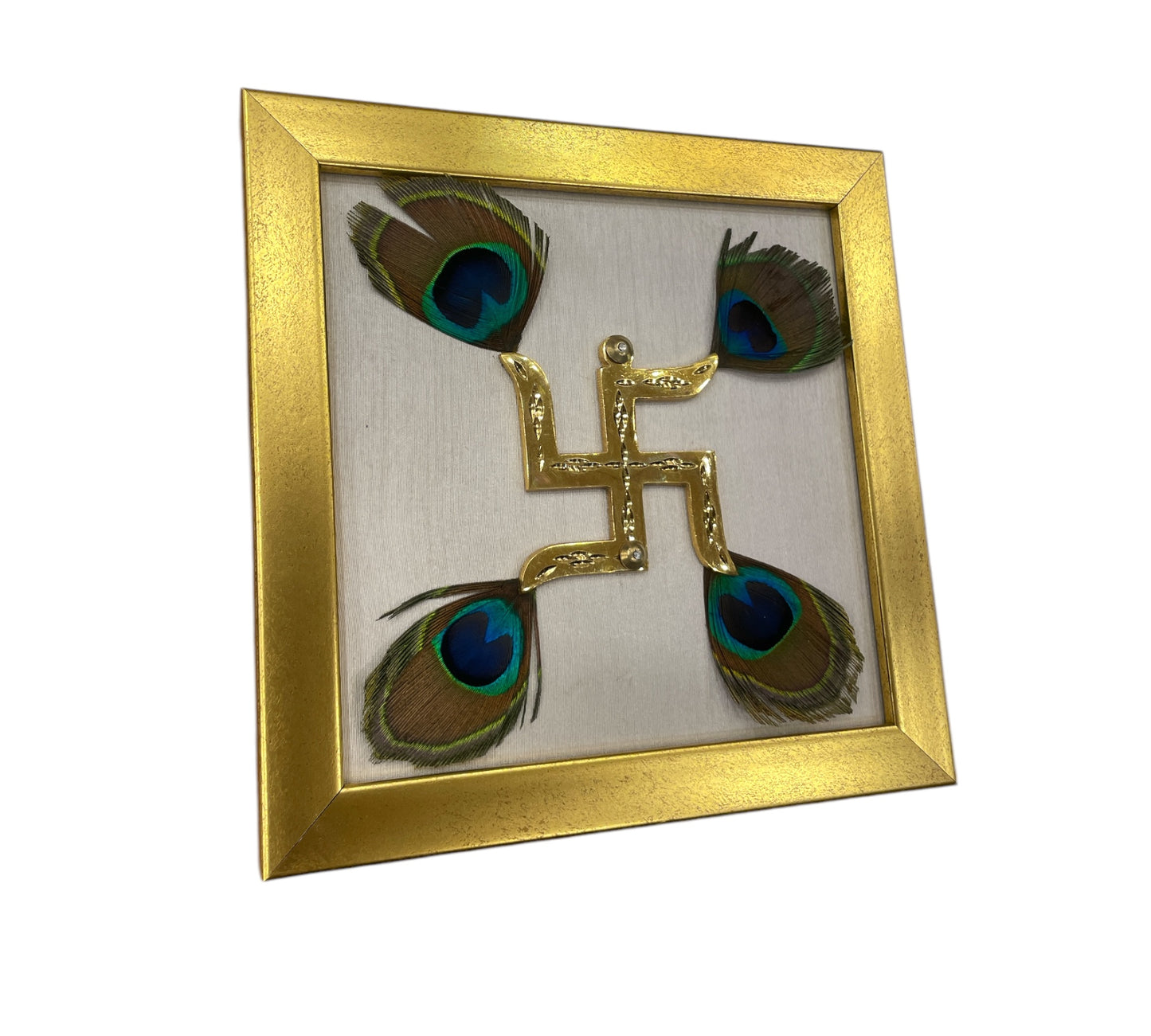 Brass Swastik with Peacock Feathers & Off white silk in gold frame